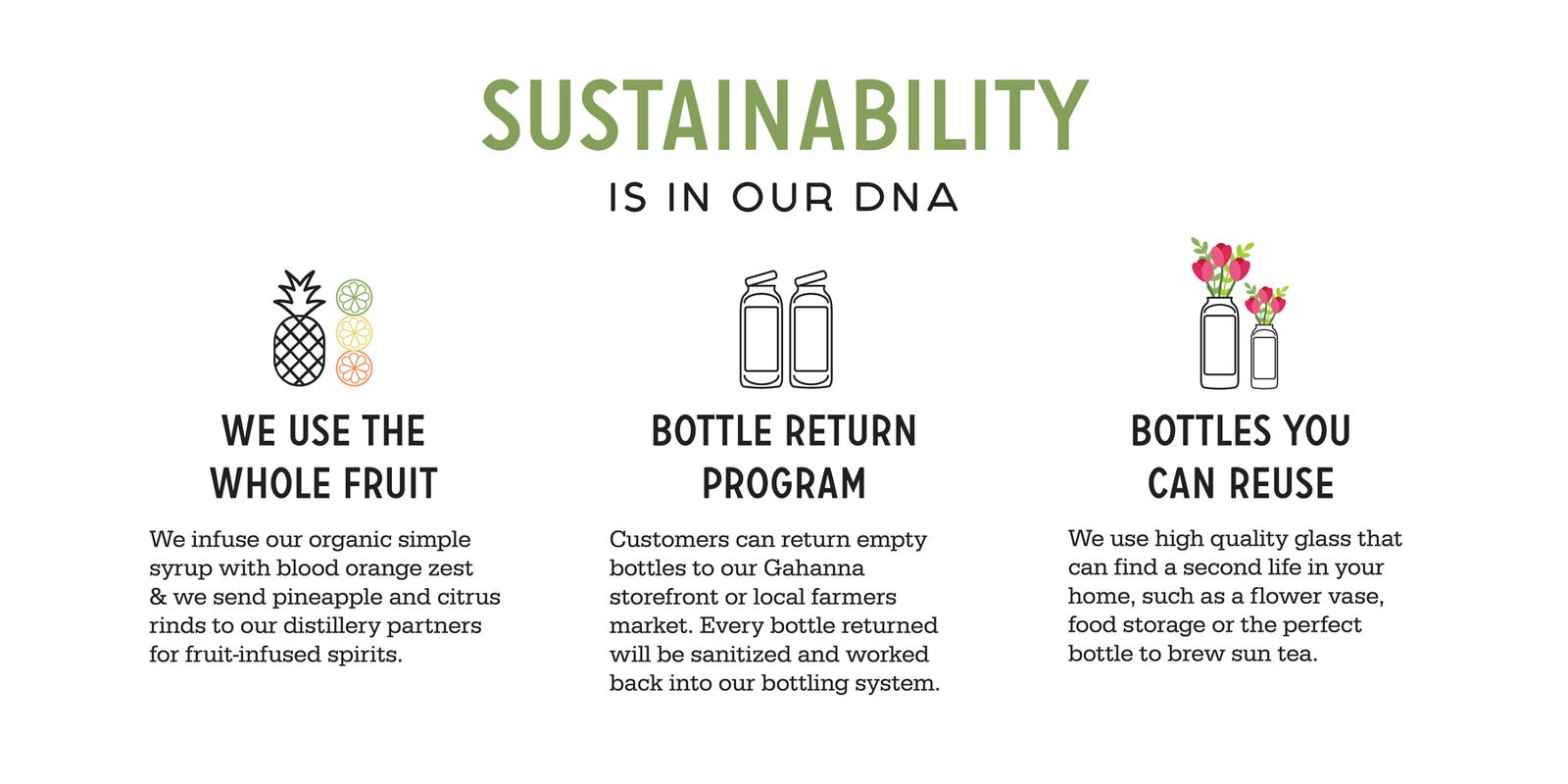Infographic ‘SUSTAINABILITY IS IN OUR DNA’ showing whole-fruit use, a bottle return program, and reusable bottles