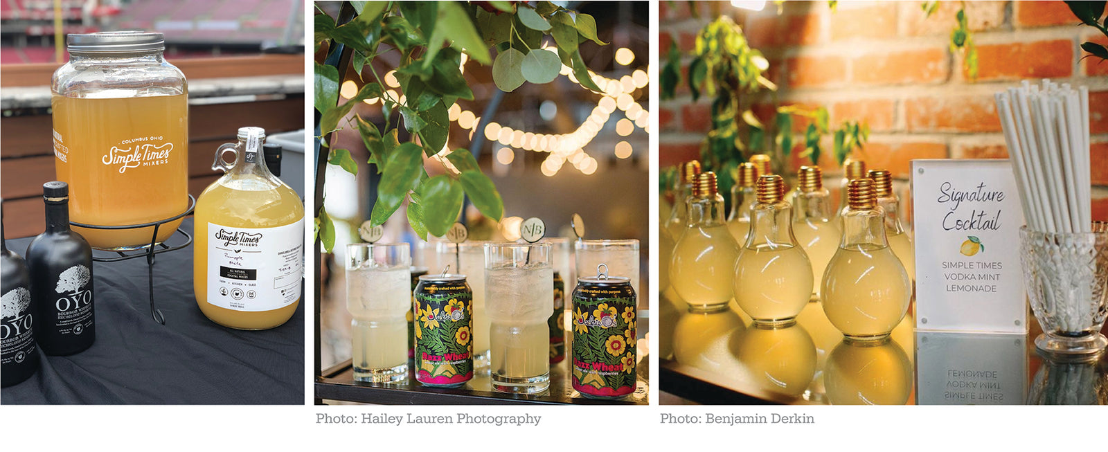 Event drink display with Simple Times mixers, glasses and bulb-shaped cocktail bottles; sign reads ‘Signature Cocktail’