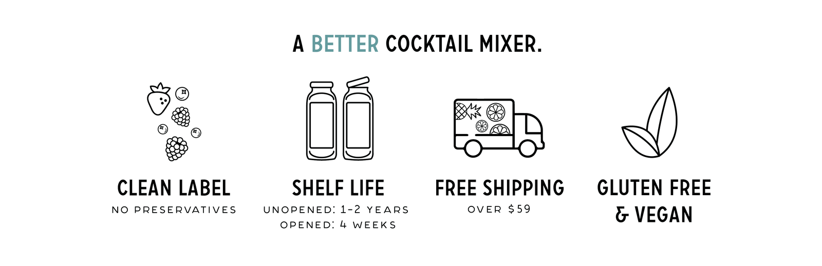 Banner: A Better Cocktail Mixer, clean label; shelf life 1–2 years unopened, 4 weeks opened; free shipping; gluten free vegan