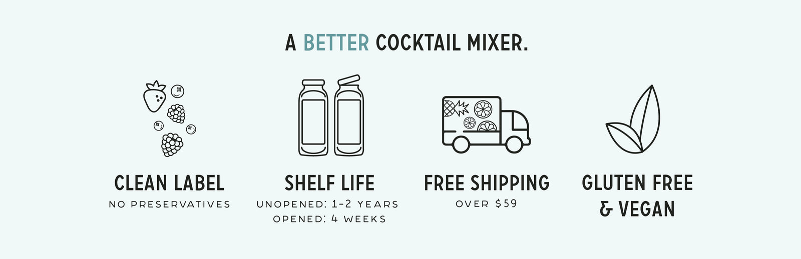Promo banner showing A Better Cocktail Mixer and icons for clean label 1 to 2 year shelf life free shipping gluten free vegan