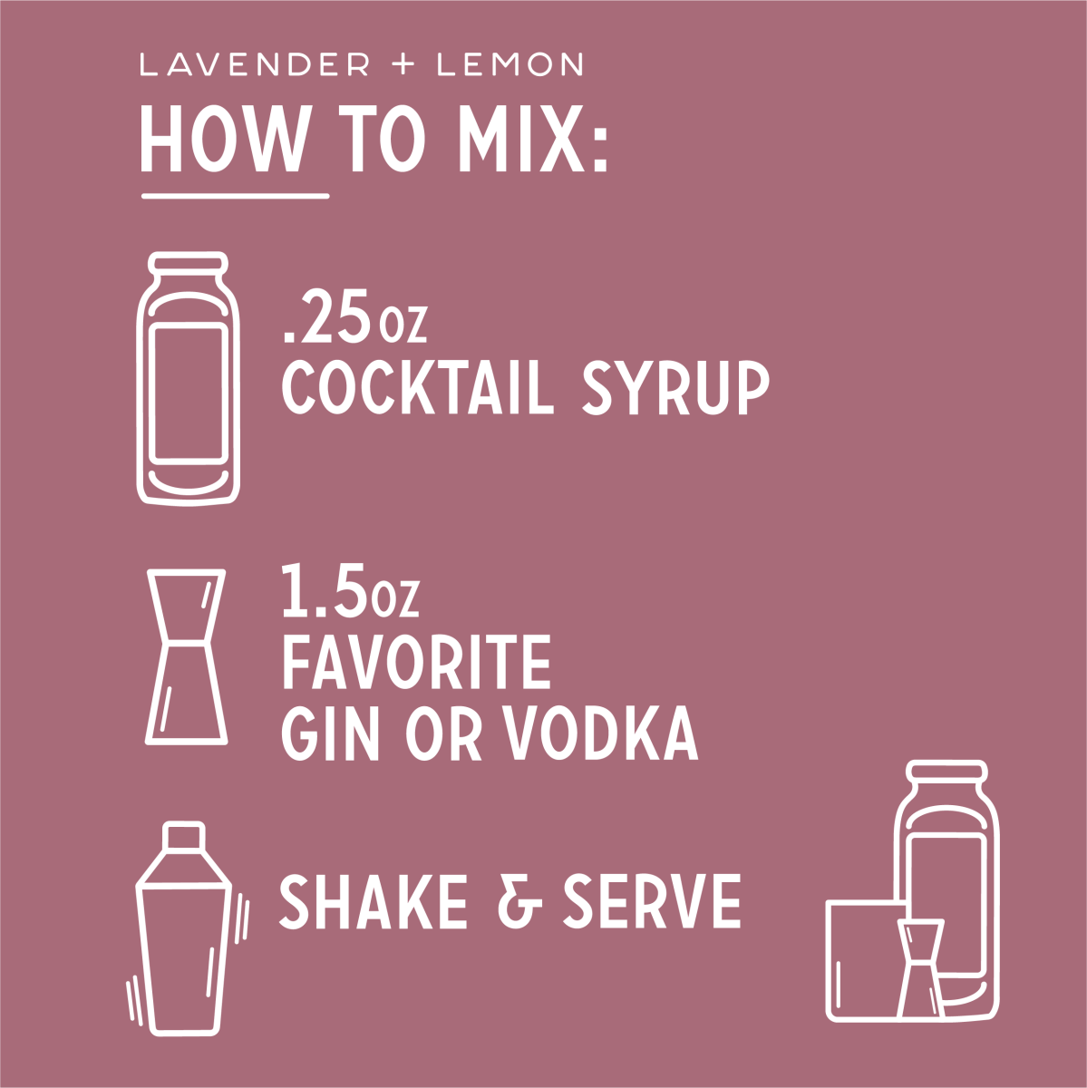 How-to graphic showing Lavender + Lemon cocktail recipe: 0.25 oz syrup, 1.5 oz gin or vodka, shake and serve