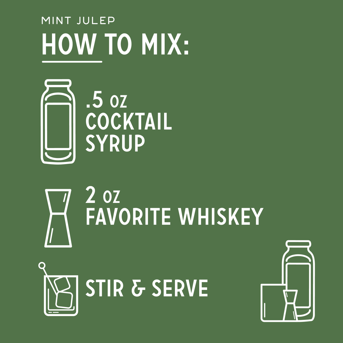 Mint julep recipe: mix half an ounce of cocktail syrup with 2 ounces of favorite whiskey, then stir and serve