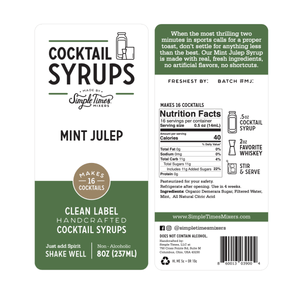 Front and back labels of Mint Julep Cocktail Syrup showcasing clean-label details and nutrition facts on a white background