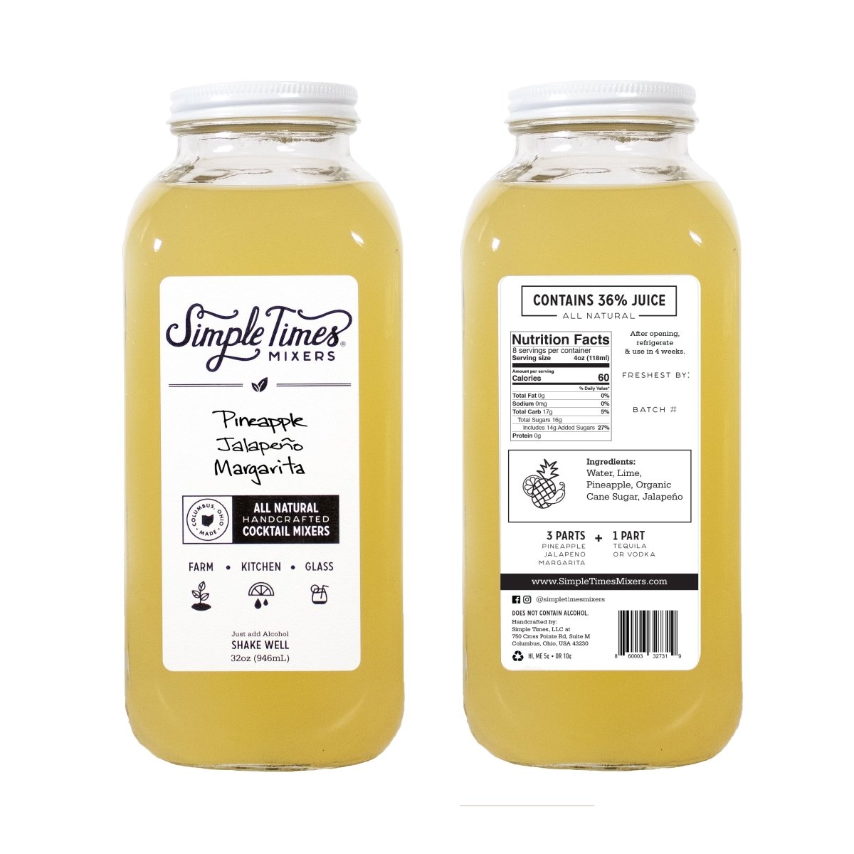 Front and back views of Pineapple Jalapeno Margarita cocktail mixer bottles showcasing the labels on a white background