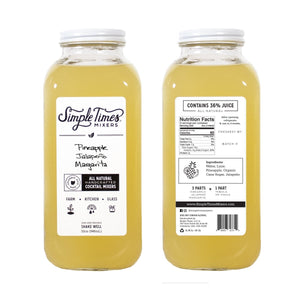 Front and back views of Pineapple Jalapeno Margarita cocktail mixer bottles showcasing the labels on a white background