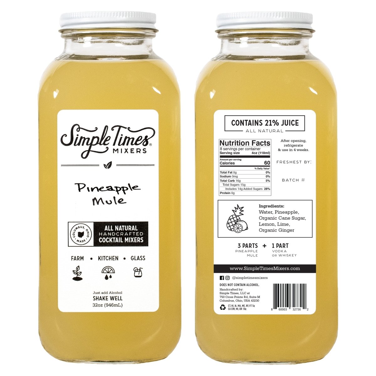Front and back view of 32 oz Pineapple Mule mixer bottle showing label and nutrition facts on white background