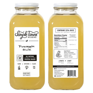 Front and back view of 32 oz Pineapple Mule mixer bottle showing label and nutrition facts on white background
