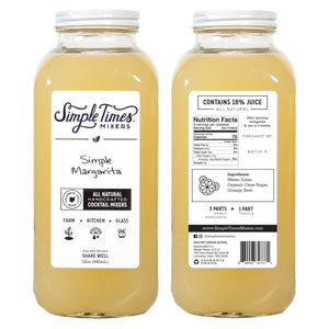 Front and back of 32oz Simple Margarita cocktail mixer bottle showing label and pale yellow liquid on white background