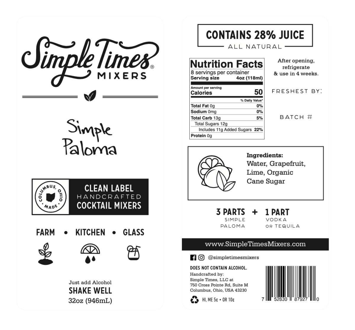 Front and back view of Simple Paloma cocktail mixer bottle showcasing grapefruit and lime ingredients with nutrition facts