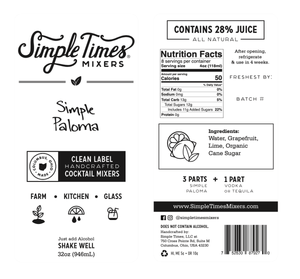 Front and back view of Simple Paloma cocktail mixer bottle showcasing grapefruit and lime ingredients with nutrition facts