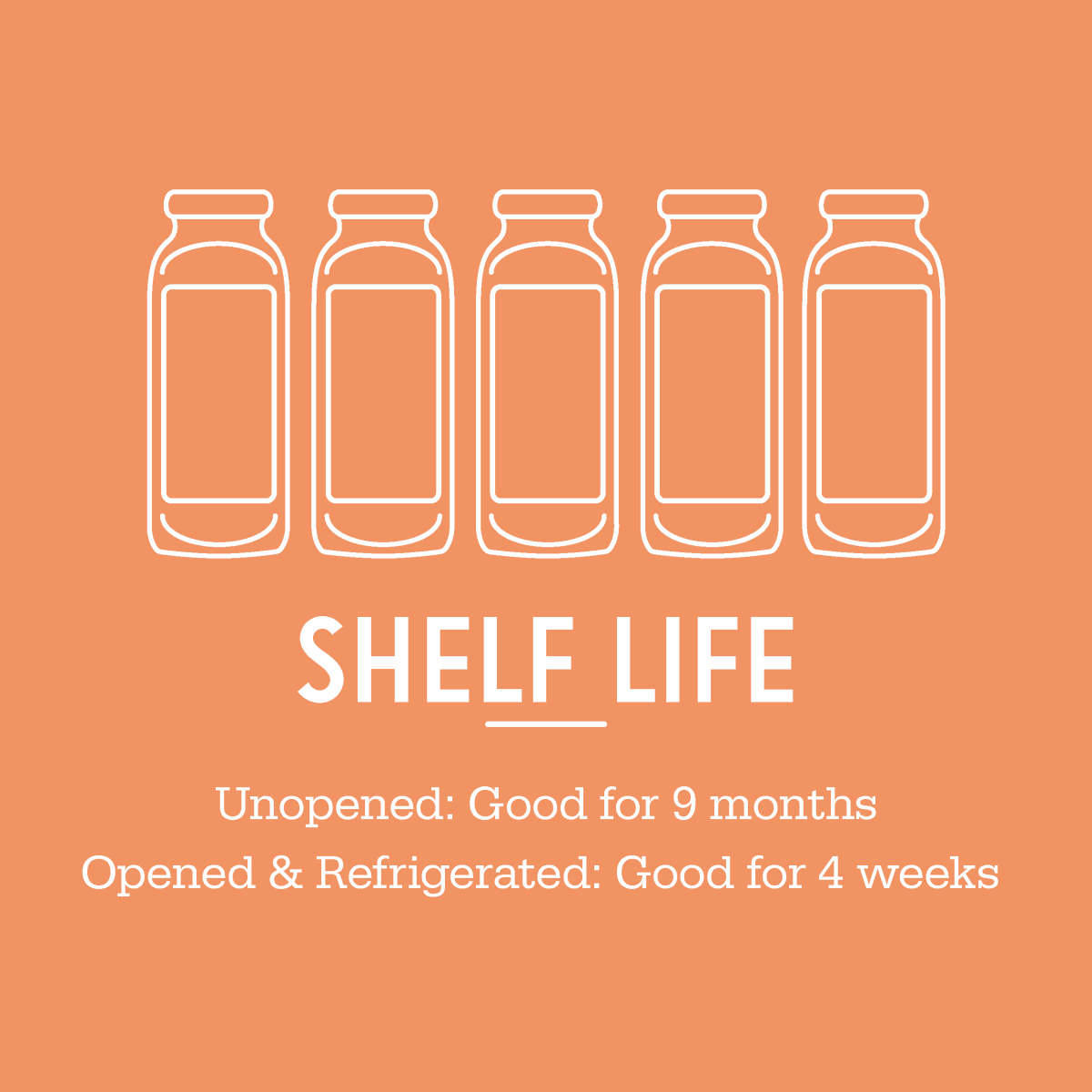 Shelf life infographic showing unopened mixers are good for 9 months and opened, refrigerated mixers for 4 weeks