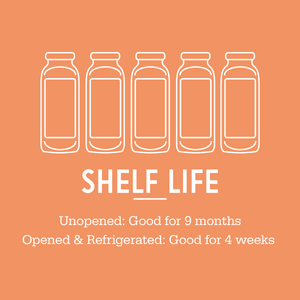 Shelf life infographic showing unopened mixers are good for 9 months and opened, refrigerated mixers for 4 weeks