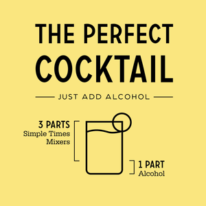 Cocktail mixing guide showing the perfect cocktail uses 3 parts Simple Times Mixers and 1 part alcohol