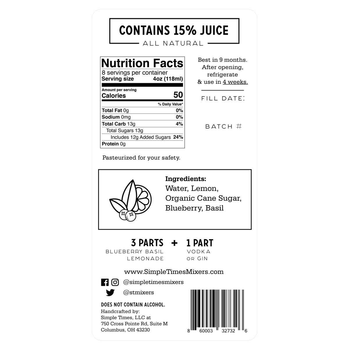 Front view of 32 oz Blueberry Basil Lemonade mixer bottle showing label and purple-blue beverage on white background