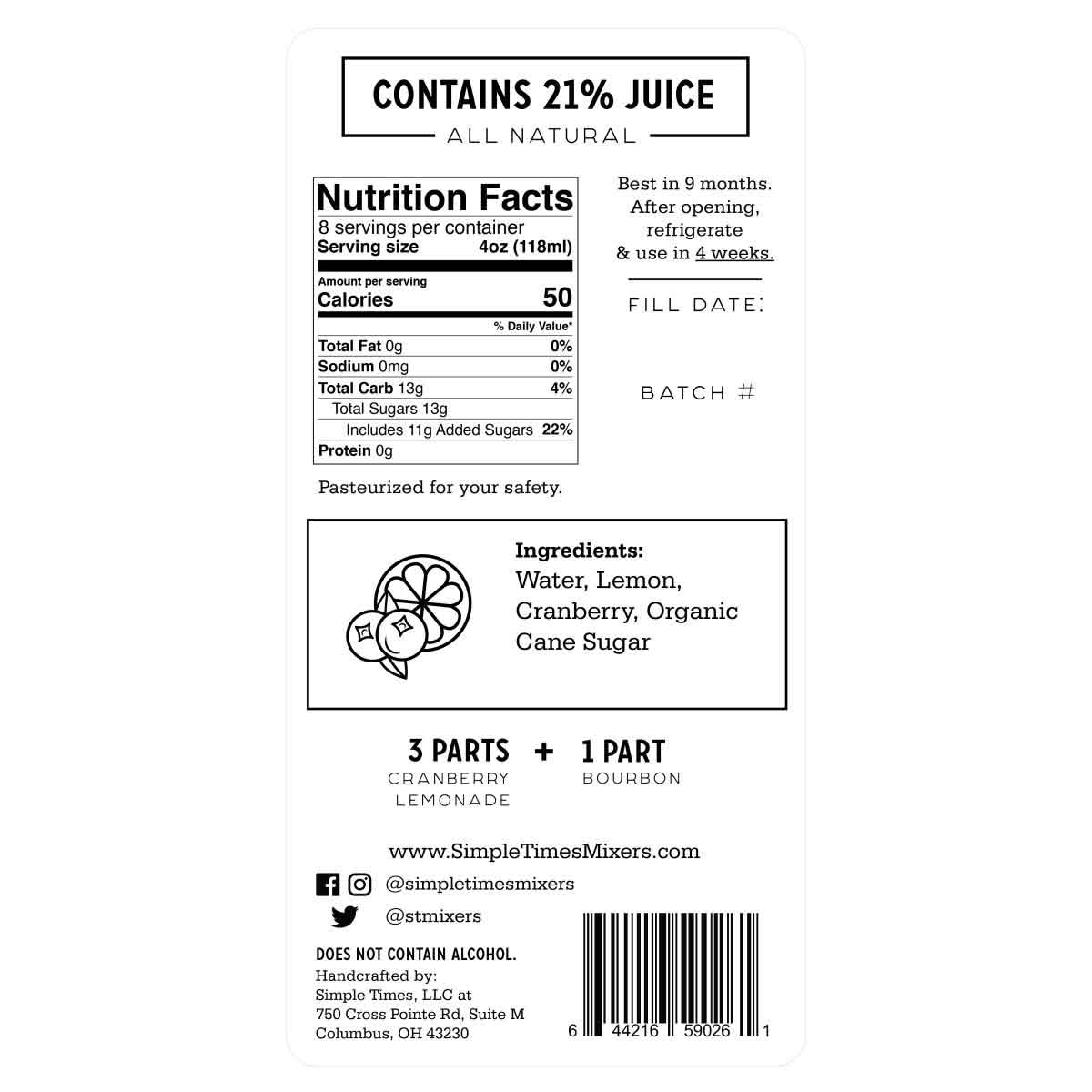 Front view of 32 oz Cranberry Lemonade cocktail mixer bottle showing label and red mixer on white background