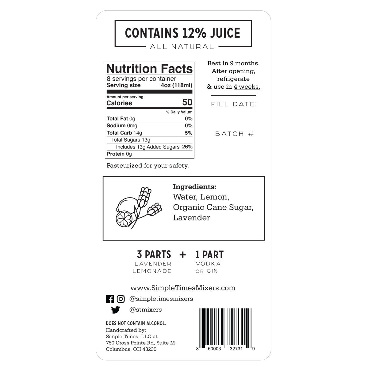 Front view of Lavender Lemonade 32 oz cocktail mixer bottle showing product label on white background