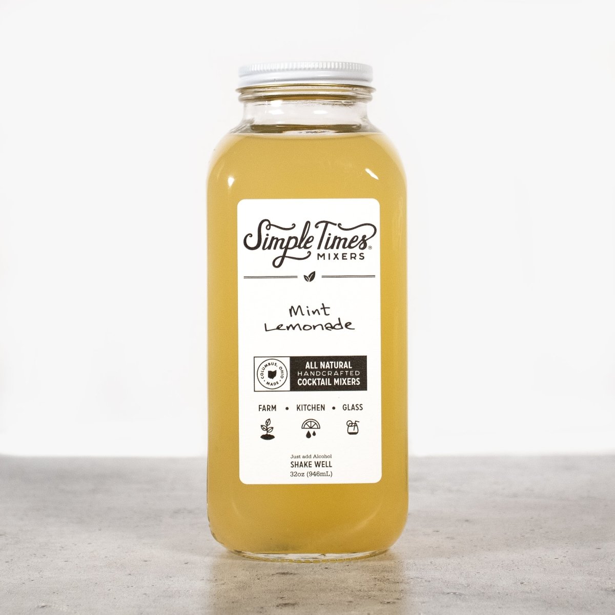 Front view of Mint Lemonade in a 32 ounce bottle with a white label on a light gray surface