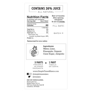 Front view of 32 oz Pineapple Jalapeno Margarita mixer bottle with Simple Times Mixers label and pineapple illustration on white background