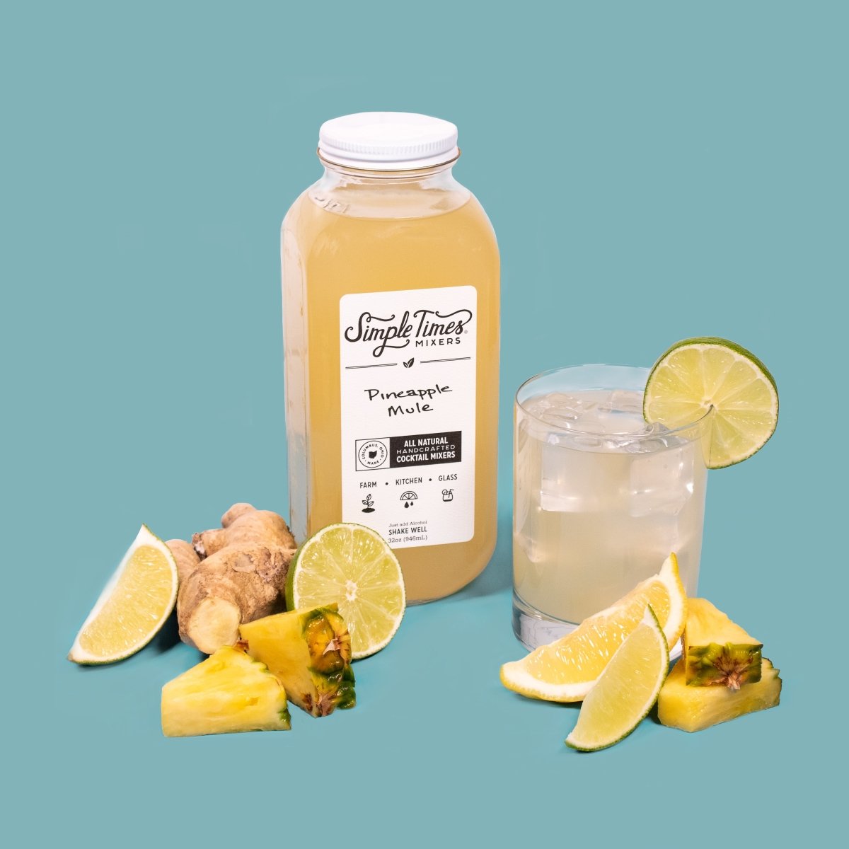 Front view of Pineapple Mule cocktail mixer bottle showcasing pineapple, lime, ginger, and a prepared drink on teal background