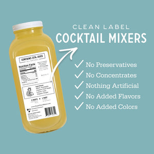 Angled Pineapple Mule cocktail mixer bottle with Clean Label Cocktail Mixers text and checklist on teal background