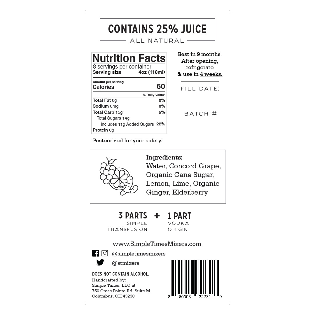 Front view of Simple Transfusion 32 oz cocktail mixer bottle showing label and purple grape mixer on white background