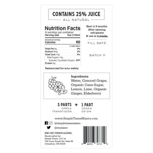 Front view of Simple Transfusion 32 oz cocktail mixer bottle showing label and purple grape mixer on white background