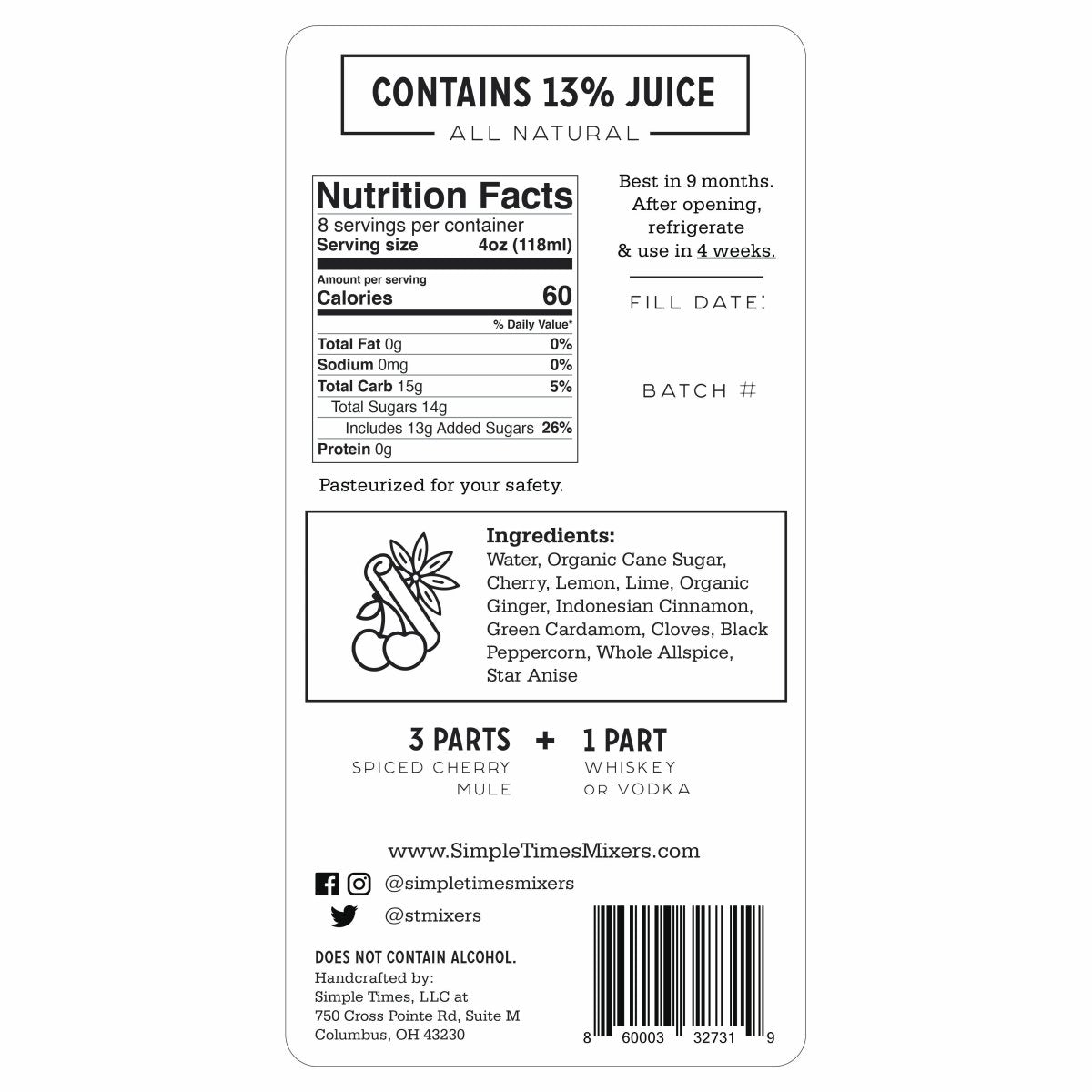 Spiced Cherry Mule label by Simple Times Mixers: nutrition facts, ingredients, 3:1 mixer-to-spirits ratio. Full nutrition facts available under Nutrition Facts Tab