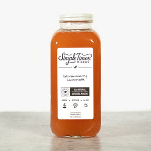 Front view of Strawberry Lemonade cocktail mixer in a 32oz bottle showcasing its labeled design on a white background
