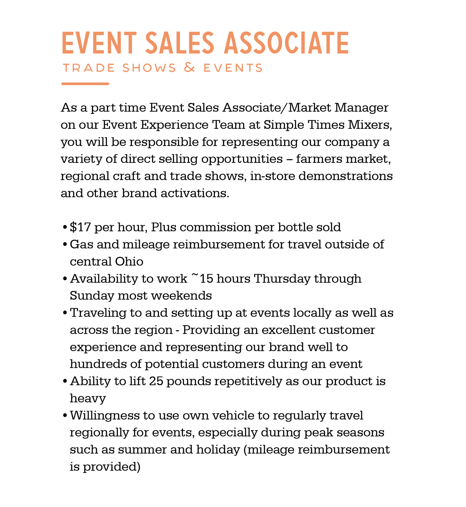 Job poster for Event Sales Associate listing 17 per hour, weekend hours, travel, and ability to lift 25 pounds