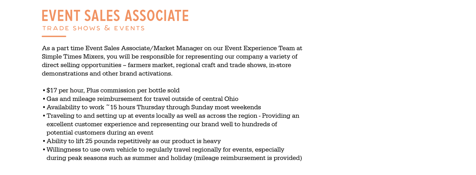 Job graphic - Event Sales Associate at Simple Times Mixers with travel, weekend hours, ability to lift 25 lb