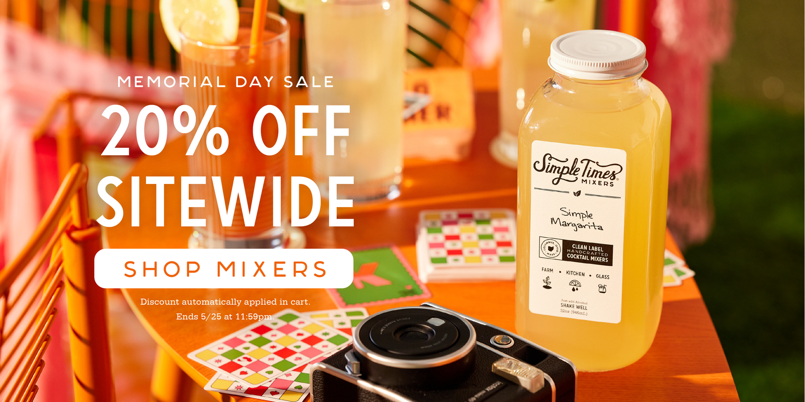Juice bottle with a promotional banner for a Memorial Day sale for 20% OFF site wide.  Sales end 5/5 at 11:59pm.