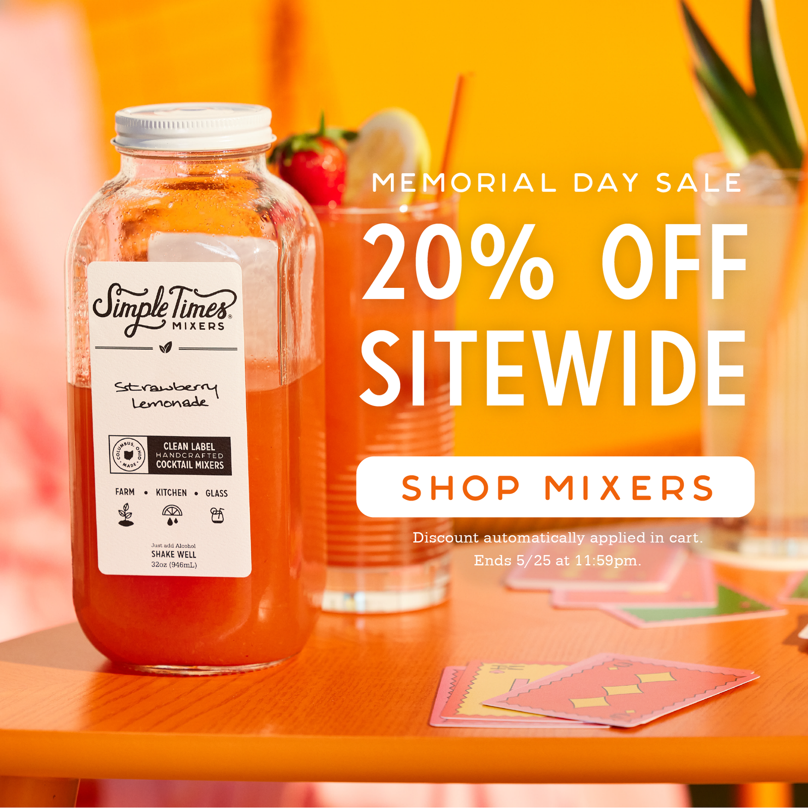 Juice bottle with a promotional banner for a Memorial Day sale for 20% OFF site wide.  Sales end 5/5 at 11:59pm.