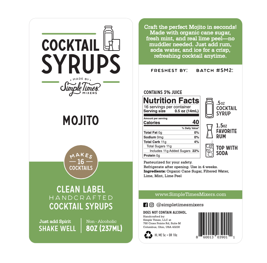 Cocktail Mixers - Alcohol Mixers - Simple Times Mixers - Mojito Cocktail Syrup