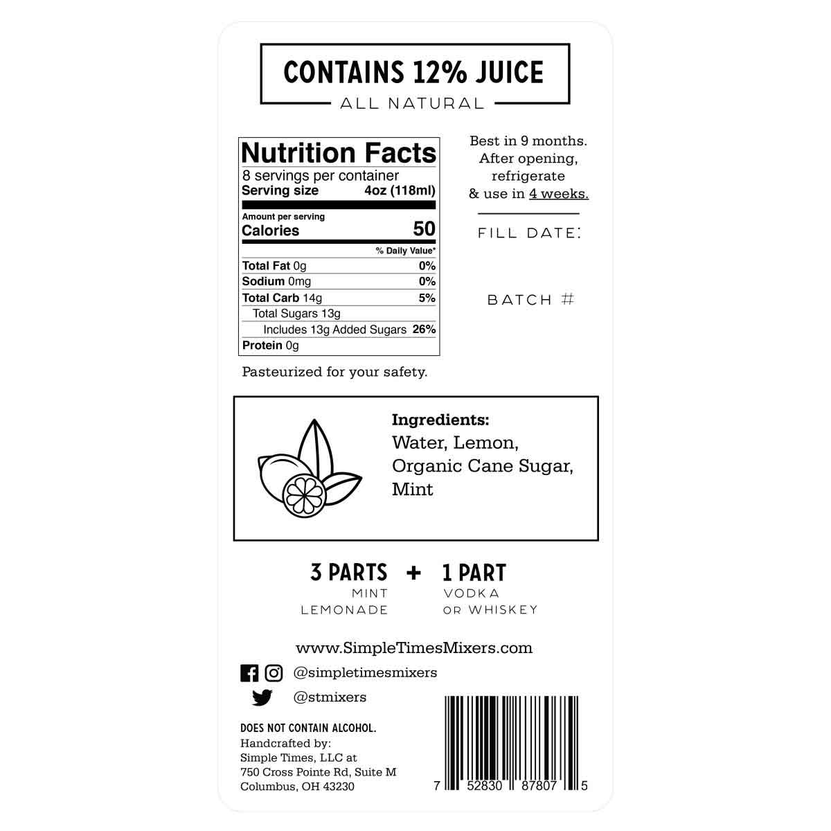 Nutrition - Alcohol Mixers - Simple Times Mixers - Mint Lemonade
